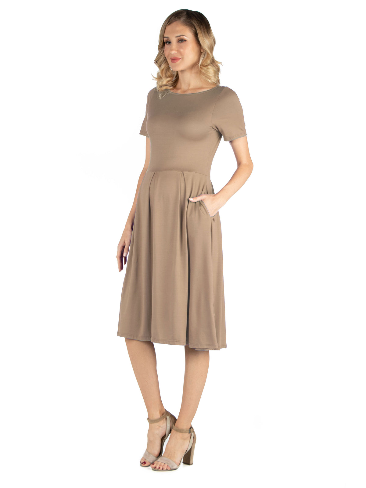24seven Comfort Essential Maternity Boat Neck Short Sleeve Pleated Pocket Midi Dress