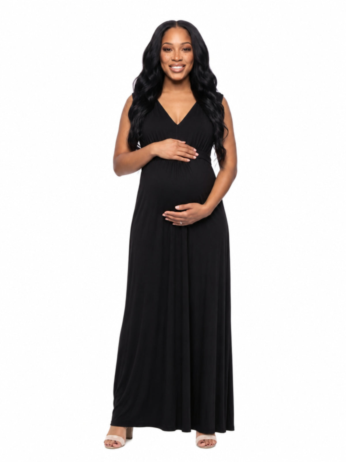 24seven Comfort Essential Maternity V Neck Sleeveless Empire Waist Belted Maxi Dress