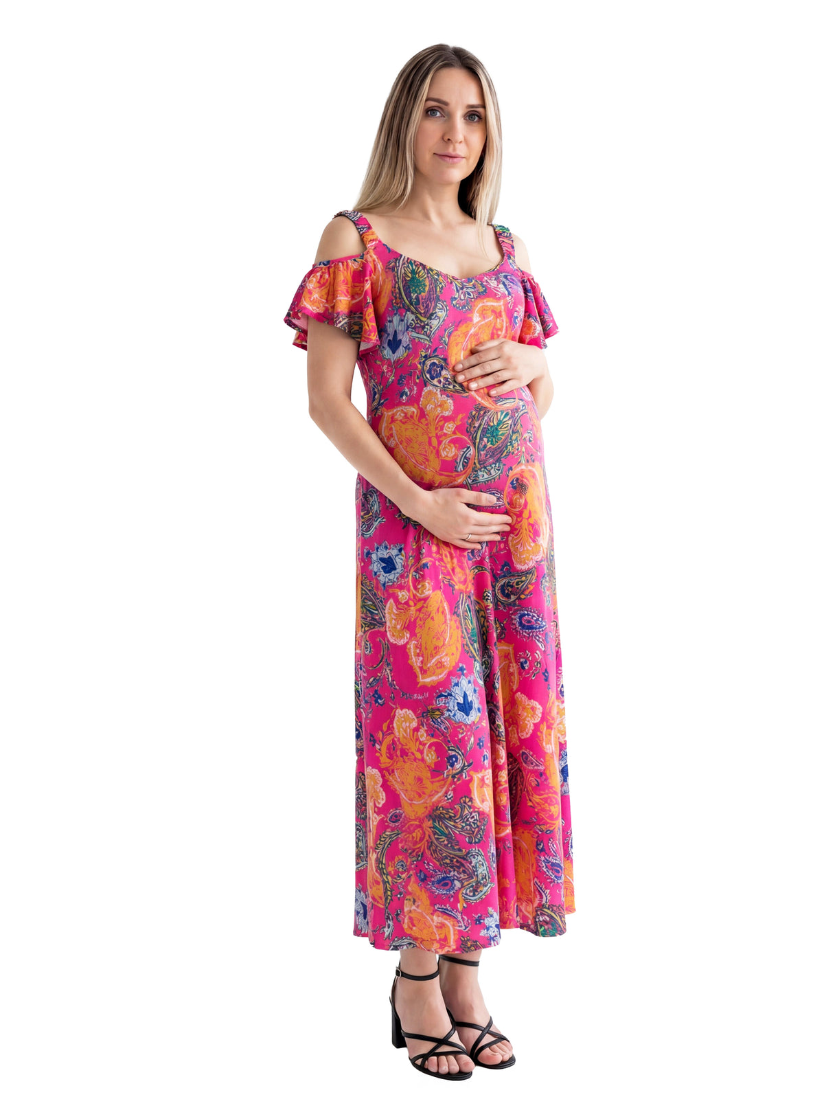 24seven Comfort Elevate Maternity Pink Paisley Print Cold Sholder Ruffle Sleeve A Line Maxi Dress