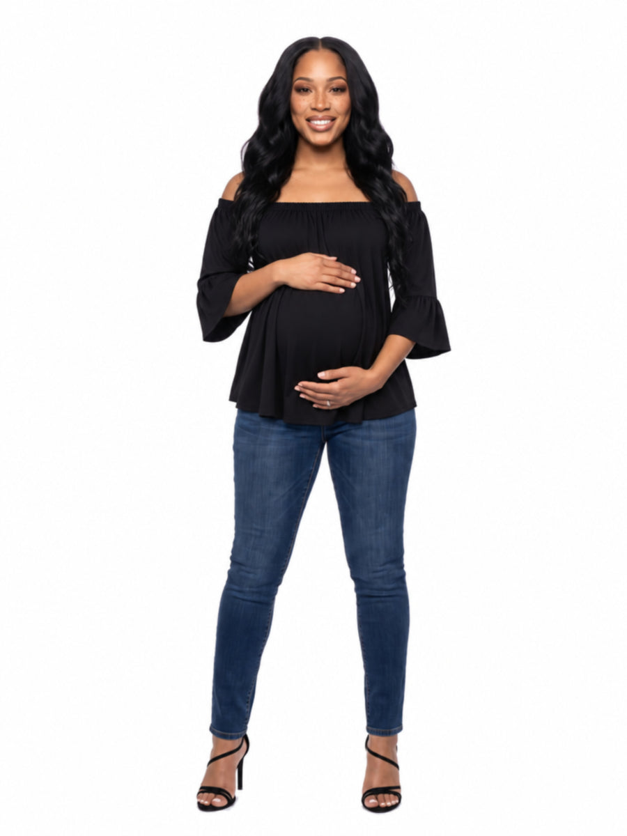 24seven Comfort Essential Maternity Elastic Neckline Bell Sleeve Loose Fit Tunic Top