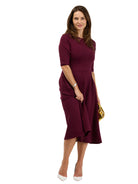 24seven Comfort Essential Womens Elegant Pleated Three-Quarter Sleeve Midi Dress