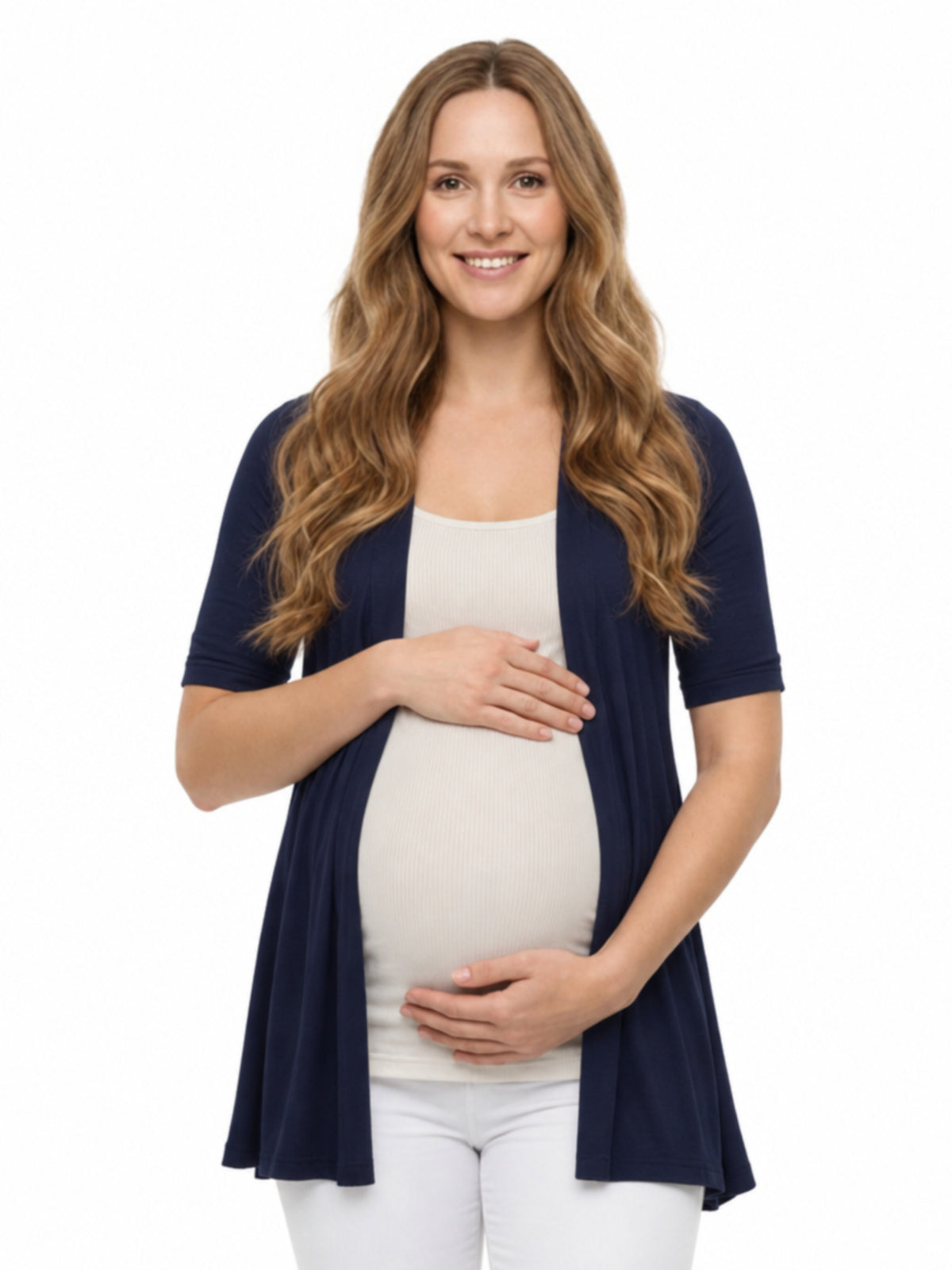 24seven Comfort Basic Maternity Open Front Elbow Sleeve Cascading Drape Loose Fit Jacket