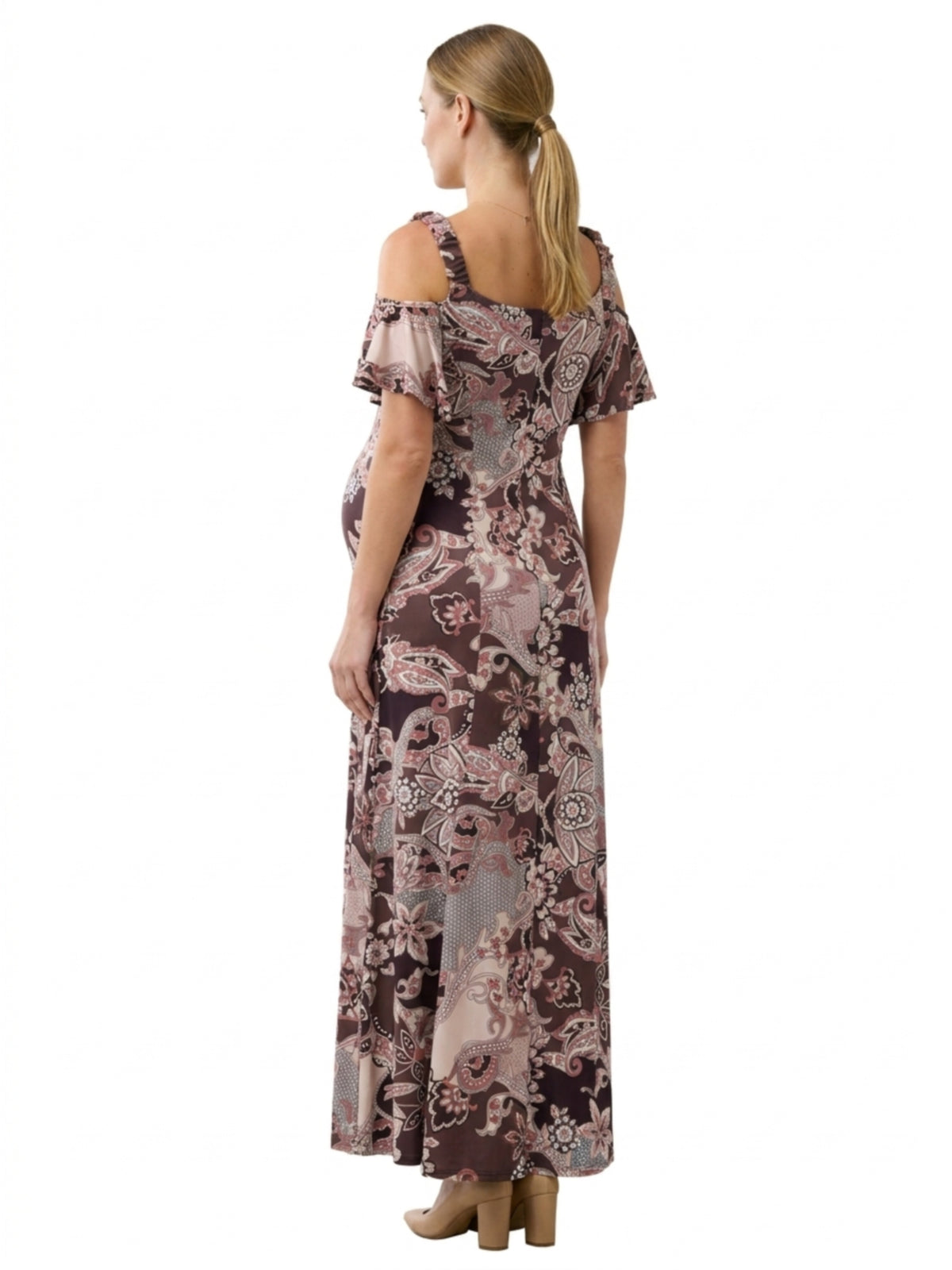 24seven Comfort Elevate Maternity Cold Shoulder with Ruffle Sleeves A Line Floral Maxi Dress