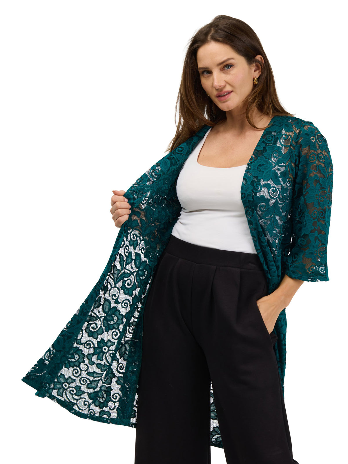 24seven Comfort Elevate Womens Lace Open Front Three-Quarter Sleeves Jacket