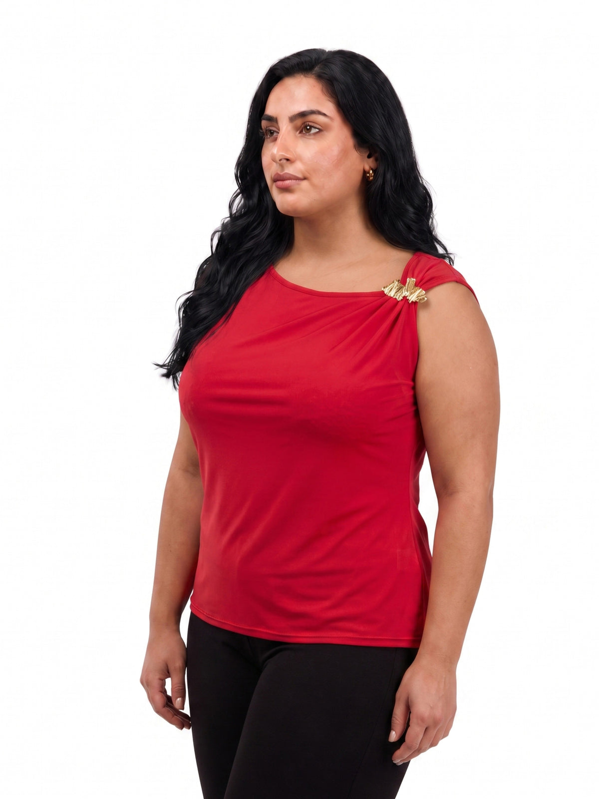 24seven Comfort Elevate Curvy Cap Sleeve Asymmetrical Boat Neck With Gold Shoulder Brooch Top