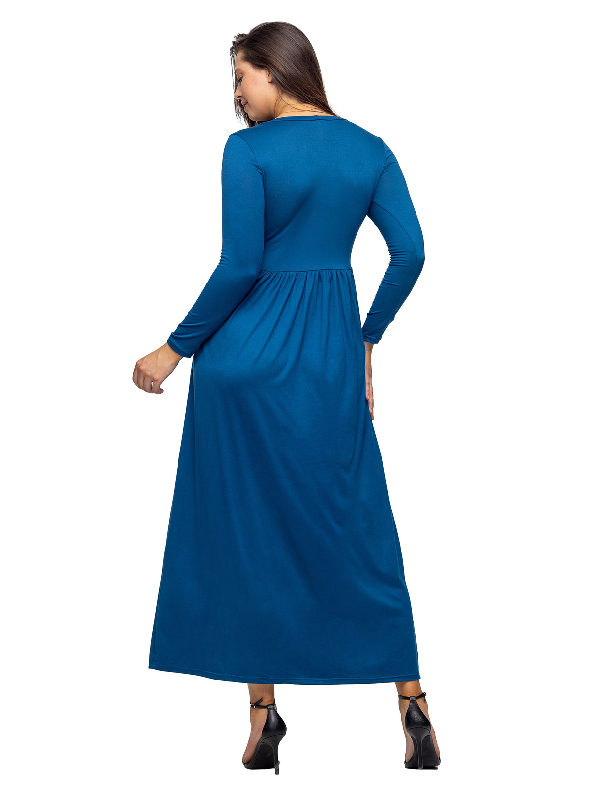 24seven Comfort Essential Petite Long Sleeve Square Neck Pleated Maxi Dress