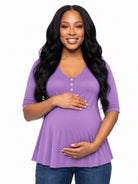 24seven Comfort Basic Maternity V Neck Elbow Sleeve Flared Henley Style Tunic Top