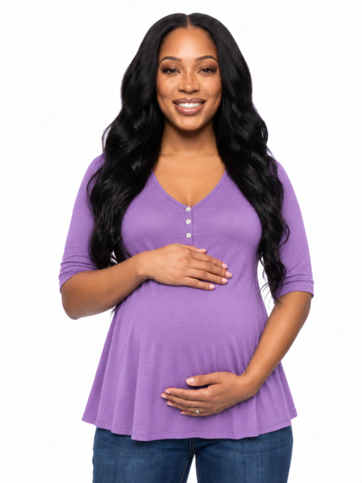 24seven Comfort Basic Maternity V Neck Elbow Sleeve Flared Henley Style Tunic Top