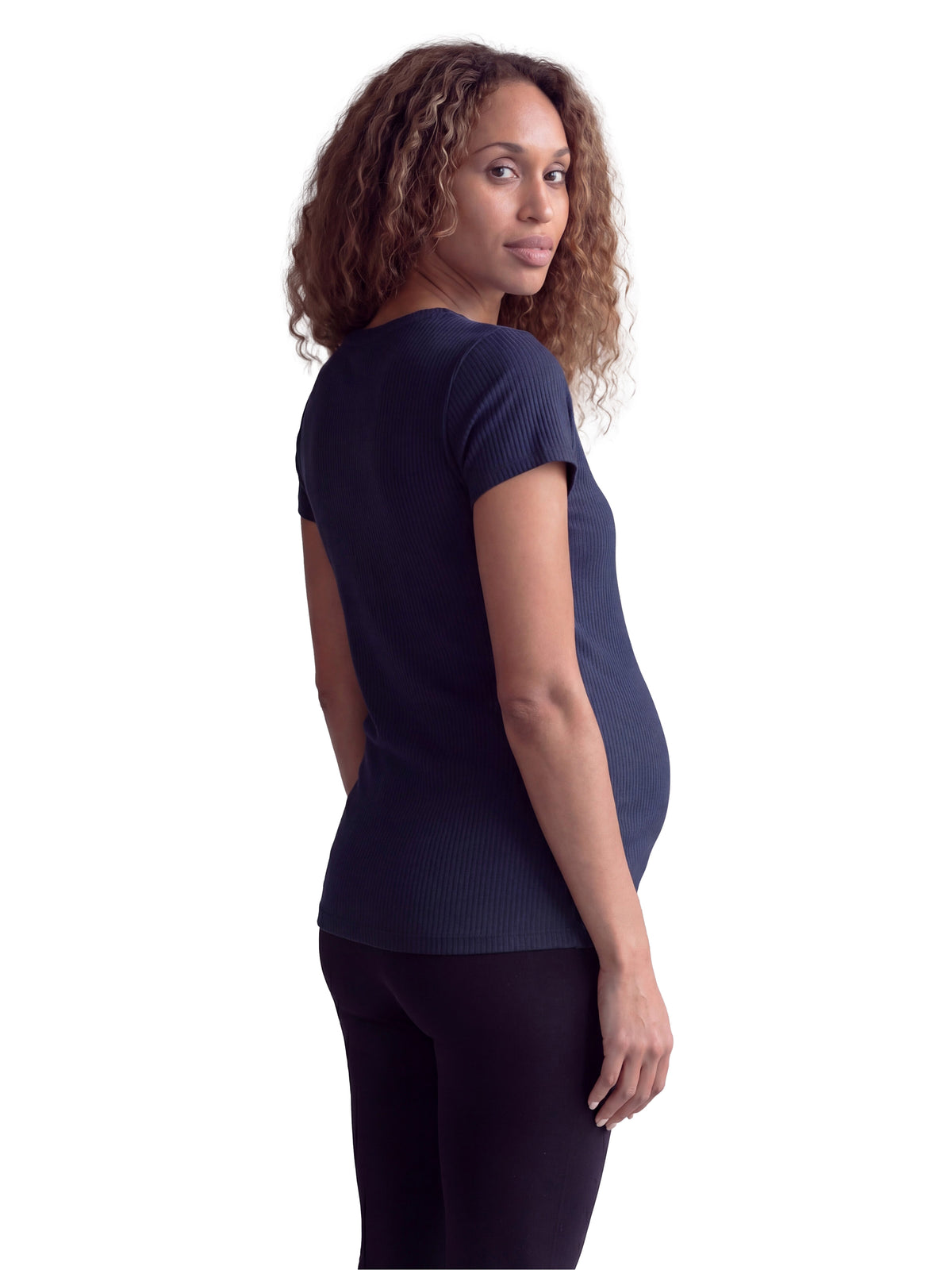24seven Comfort Basic Maternity Ribbed Knit Round Neck Short Sleeve Top