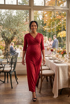 24seven Comfort Elevate Maternity Fitted V Neck Side Slit Faux Wrap Maxi Dress