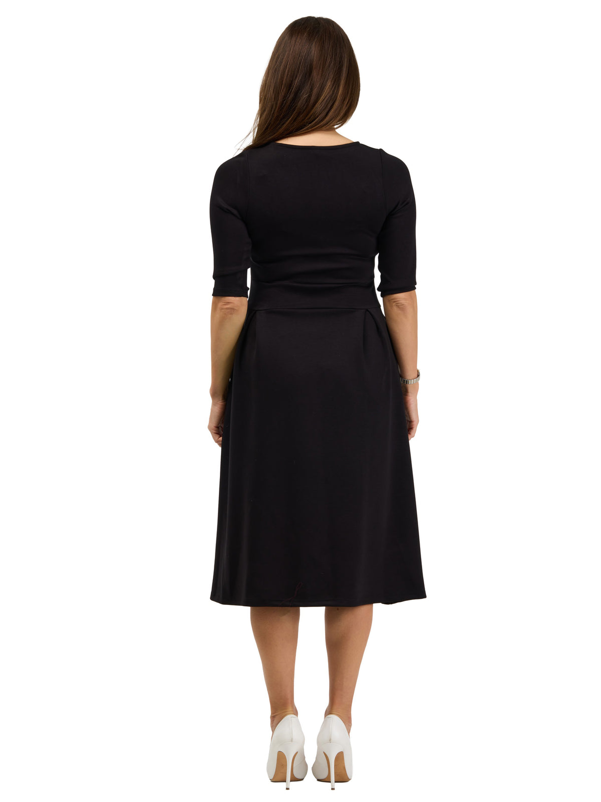 24seven Comfort Essential Womens Elegant Pleated Three-Quarter Sleeve Midi Dress