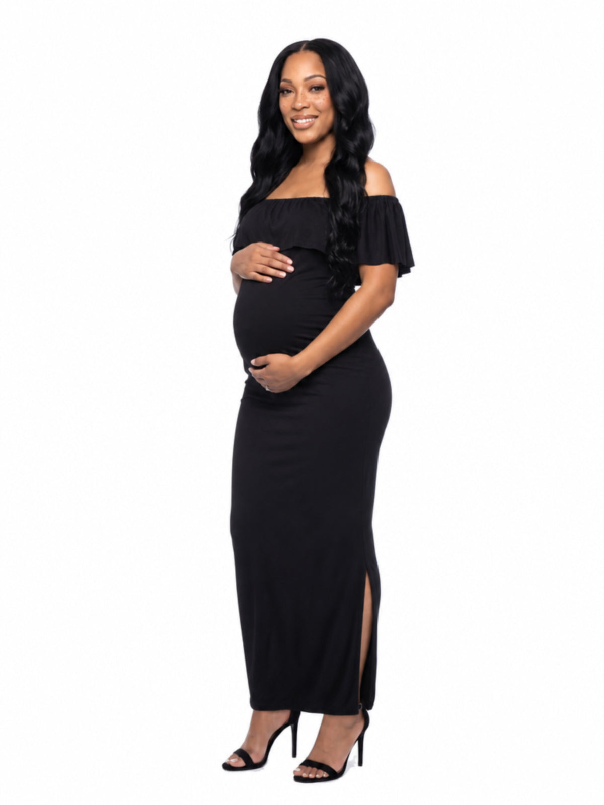 24seven Comfort Essential Maternity Off Shoulder Ruffle Detail Side Slit Maxi Dress