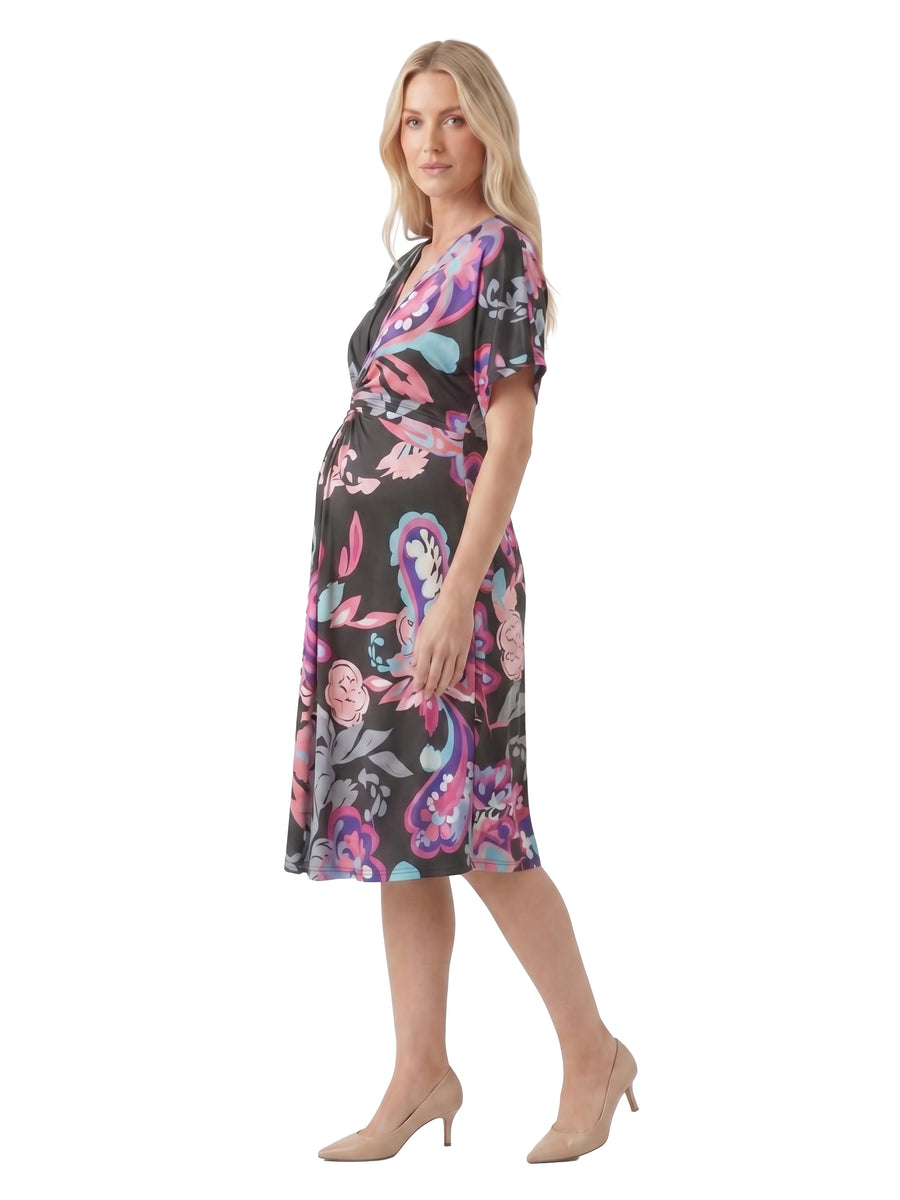 24seven Comfort Essential Maternity Paisley V Neck Short Dolman Sleeve Twist Front A Line Midi Dress