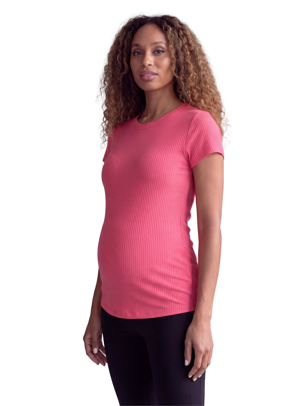 24seven Comfort Basic Maternity Ribbed Knit Round Neck Short Sleeve Top