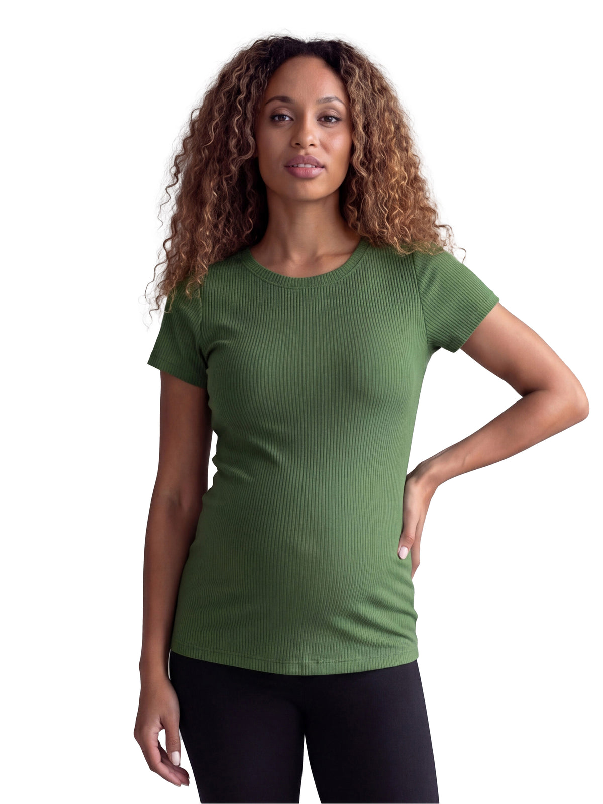 24seven Comfort Basic Maternity Ribbed Knit Round Neck Short Sleeve Top