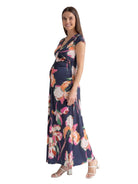 24seven Comfort Elevate Maternity Floral V Neck Cap Sleeve Ruched Front Maxi Dress