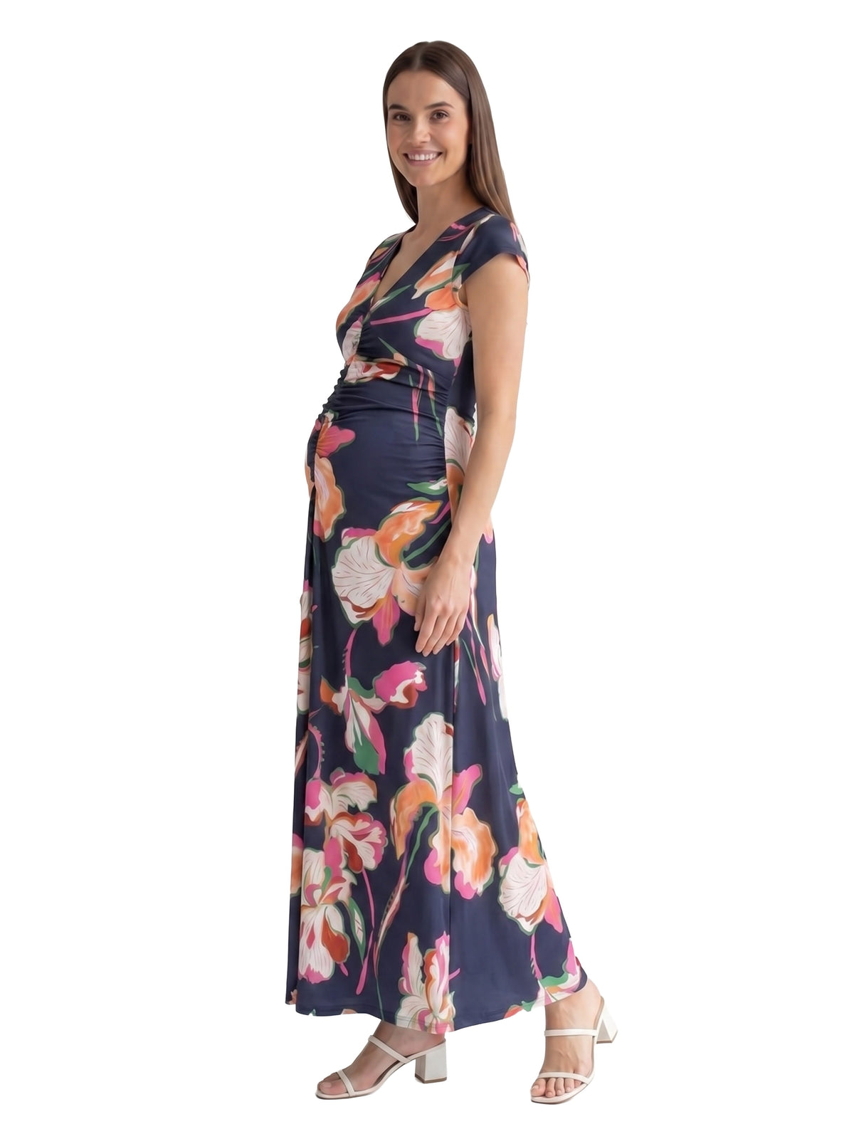 24seven Comfort Elevate Maternity Floral V Neck Cap Sleeve Ruched Front Maxi Dress