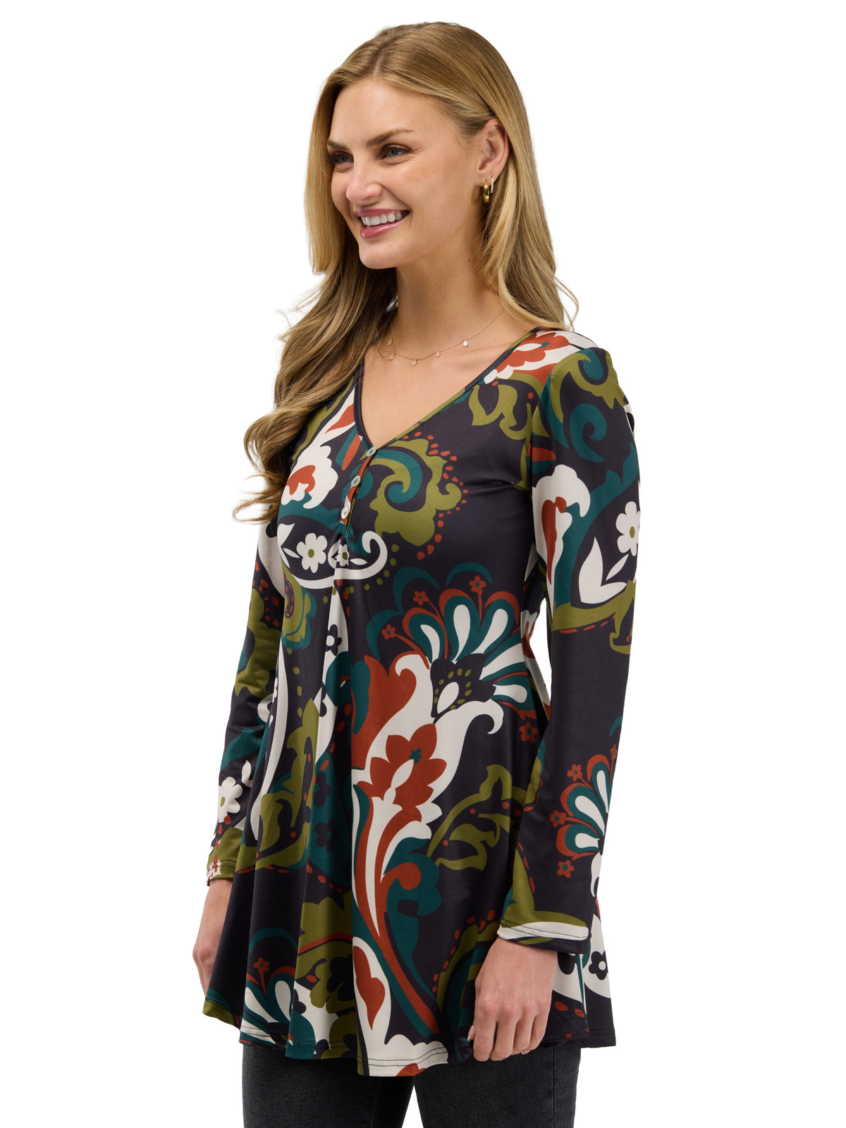 24seven Comfort Essential Womens Paisley Floral Flared Long Sleeve Henley Tunic Top