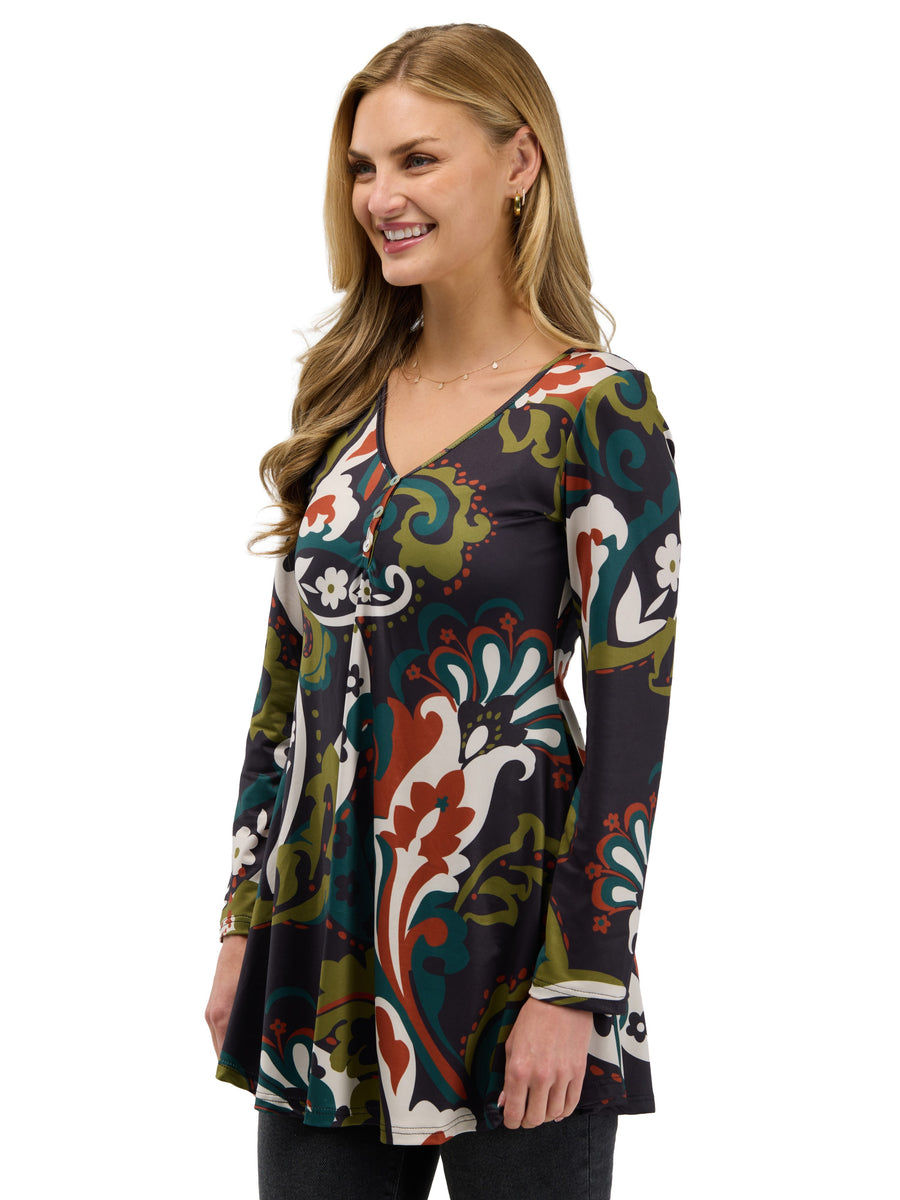 24seven Comfort Essential Womens Paisley Floral Flared Long Sleeve Henley Tunic Top