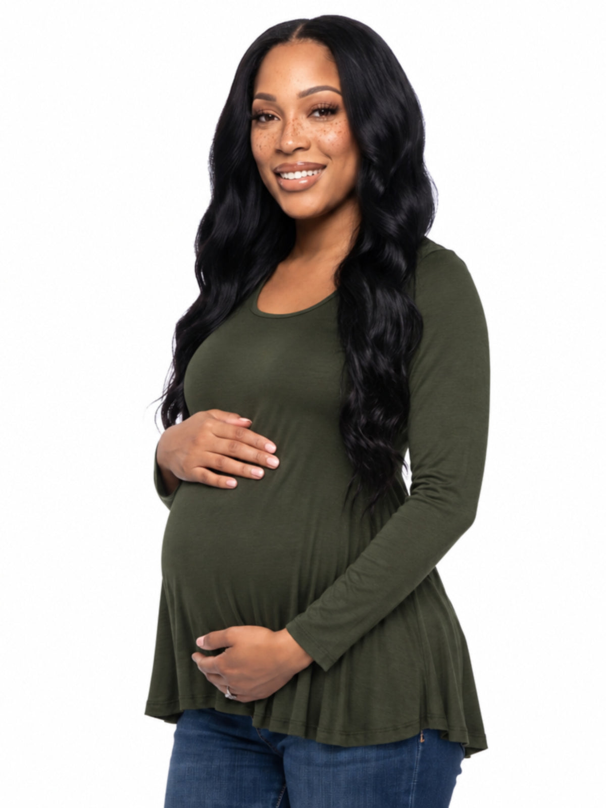 24seven Comfort Basic Maternity Long Sleeve Scoop Neck Swing Style Soft Flare Tunic Top