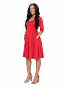 24seven Comfort Essential Maternity Scoop Neck Three Quarter Sleeve Pleated Fit N Flare Pocket Mini Dress