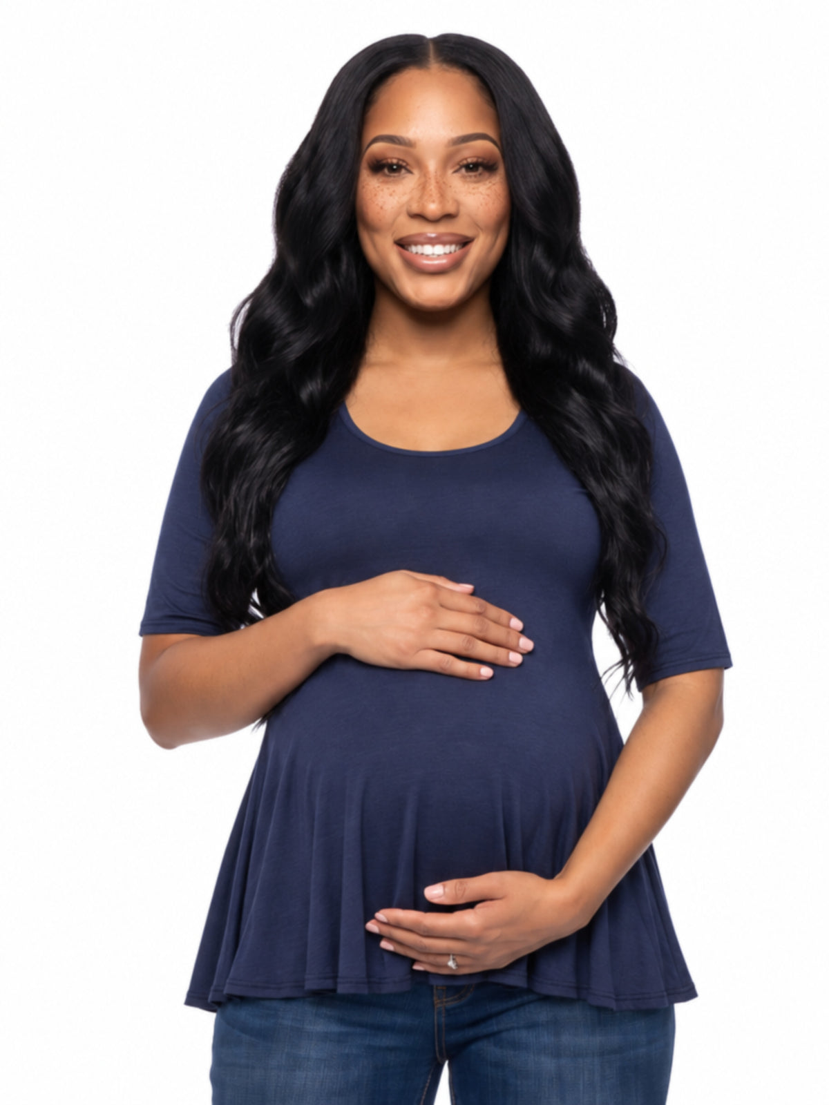 24seven Comfort Basic Maternity Scoop Neck Elbow Swing Flared Tunic Top