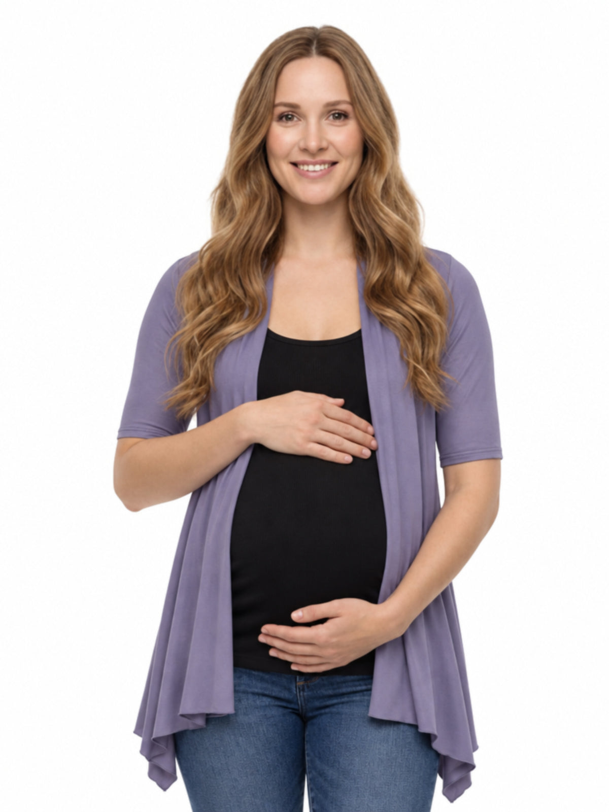 24seven Comfort Basic Maternity Open Front Elbow Sleeve Cascading Drape Loose Fit Jacket