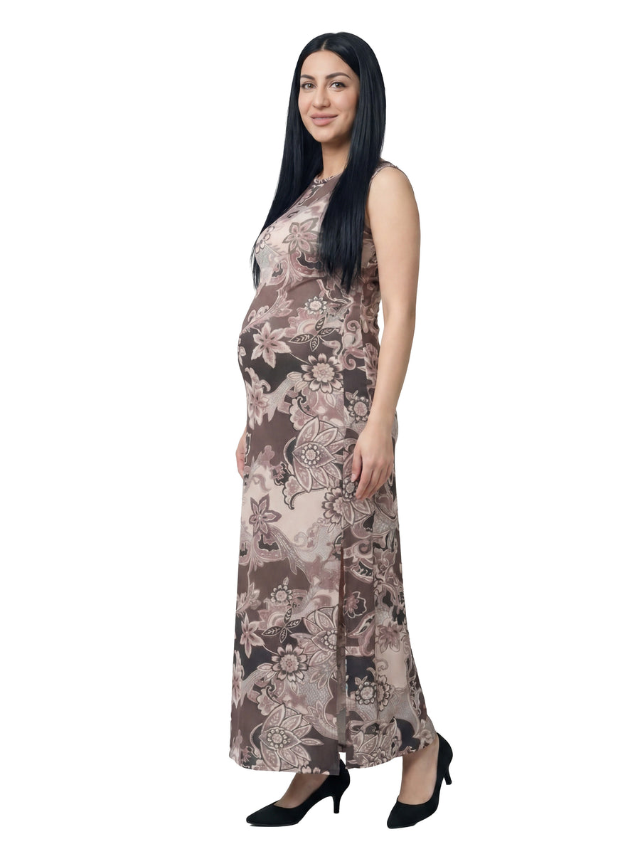 24seven Comfort Essential Maternity Brown Paisley Sleeveless Side Slit Bodycon A Line Maxi Dress