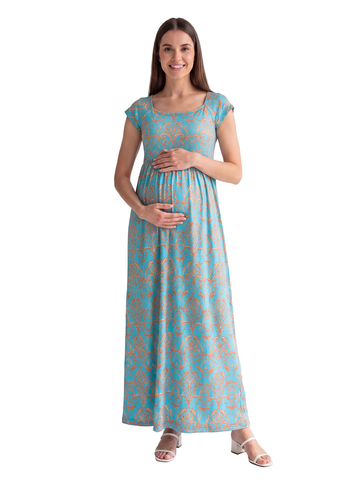 24seven Comfort Essential Maternity Abstract Square Neck Cap Sleeve Pleated A Line Maxi Dress