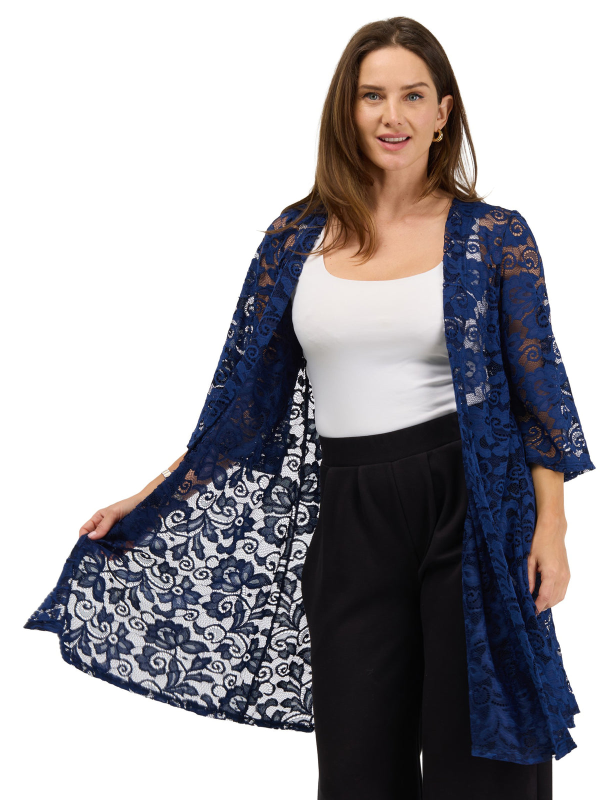 24seven Comfort Elevate Womens Lace Open Front Three-Quarter Sleeves Jacket