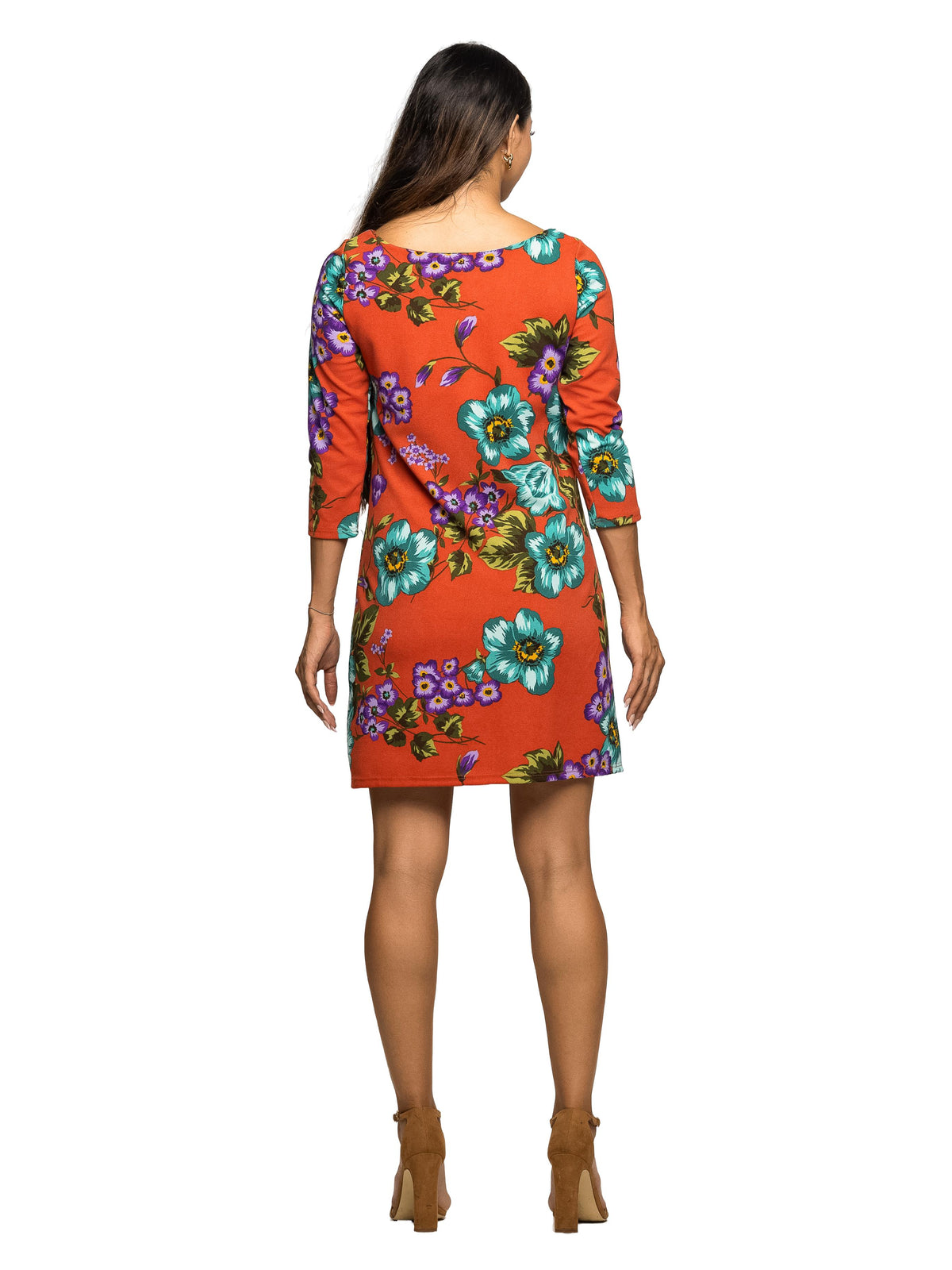 24seven Comfort Essential Maternity Orange Floral Print Three Quarter Sleeve A Line Knee Length Dress
