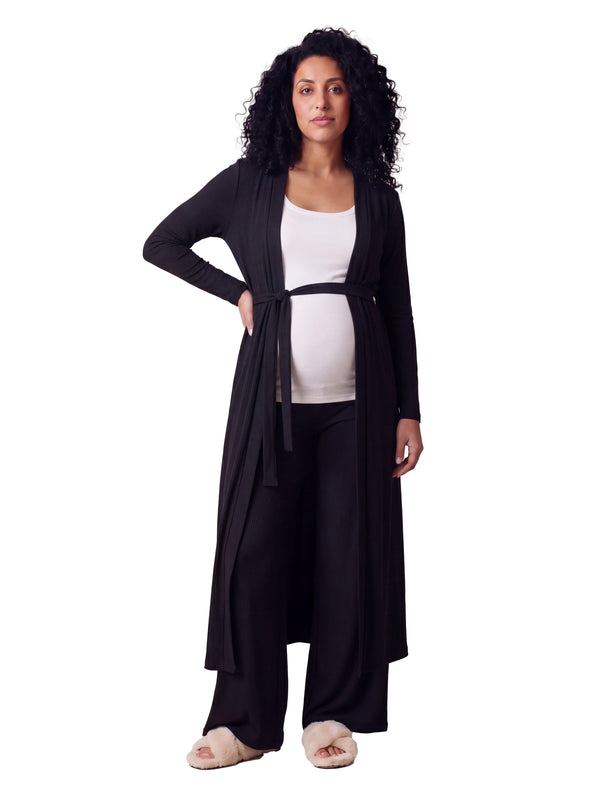 24seven Comfort Basic Maternity Long Sleeve Tie Waist Soft Jacket and Elastic Waist Wide Leg Pant Set