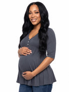 24seven Comfort Basic Maternity V Neck Elbow Sleeve Flared Henley Style Tunic Top