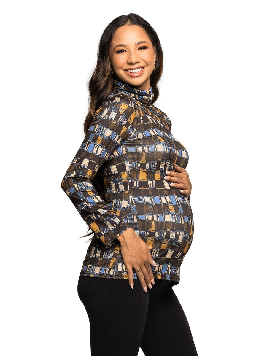 24seven Comfort Essential Maternity Brown Geometric Print Turtleneck Long Sleeve Fitted Top