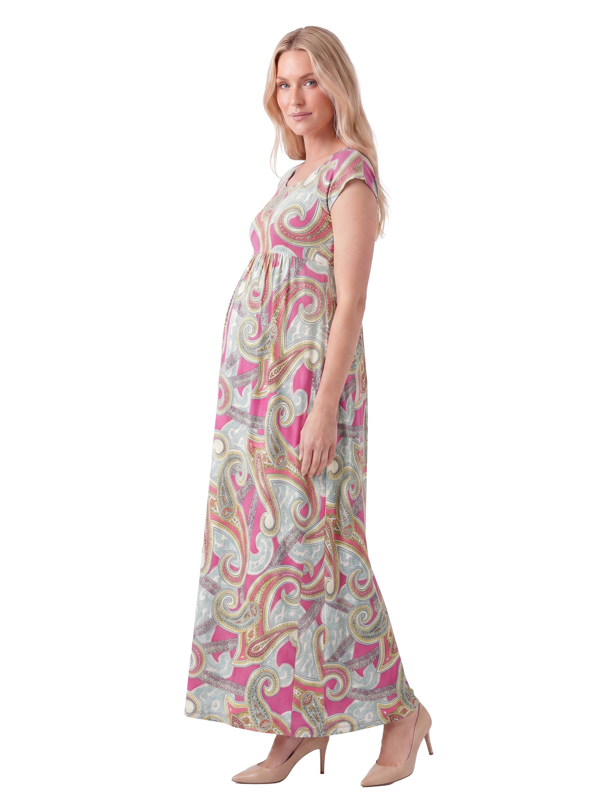 24seven Comfort Essential Maternity Paisley Square Neck Cap Sleeve Pleated A Line Maxi Dress