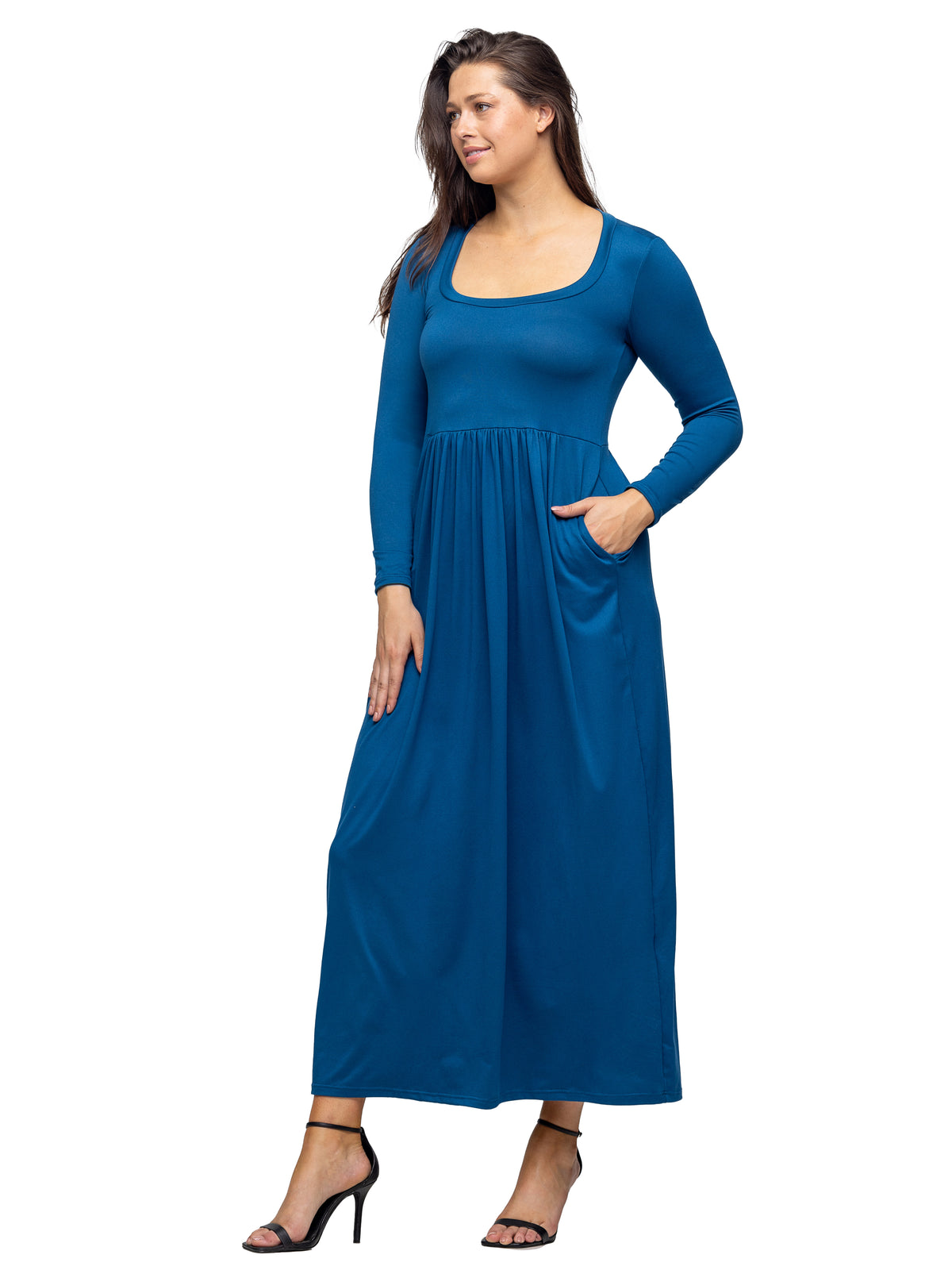 24seven Comfort Essential Petite Long Sleeve Square Neck Pleated Maxi Dress