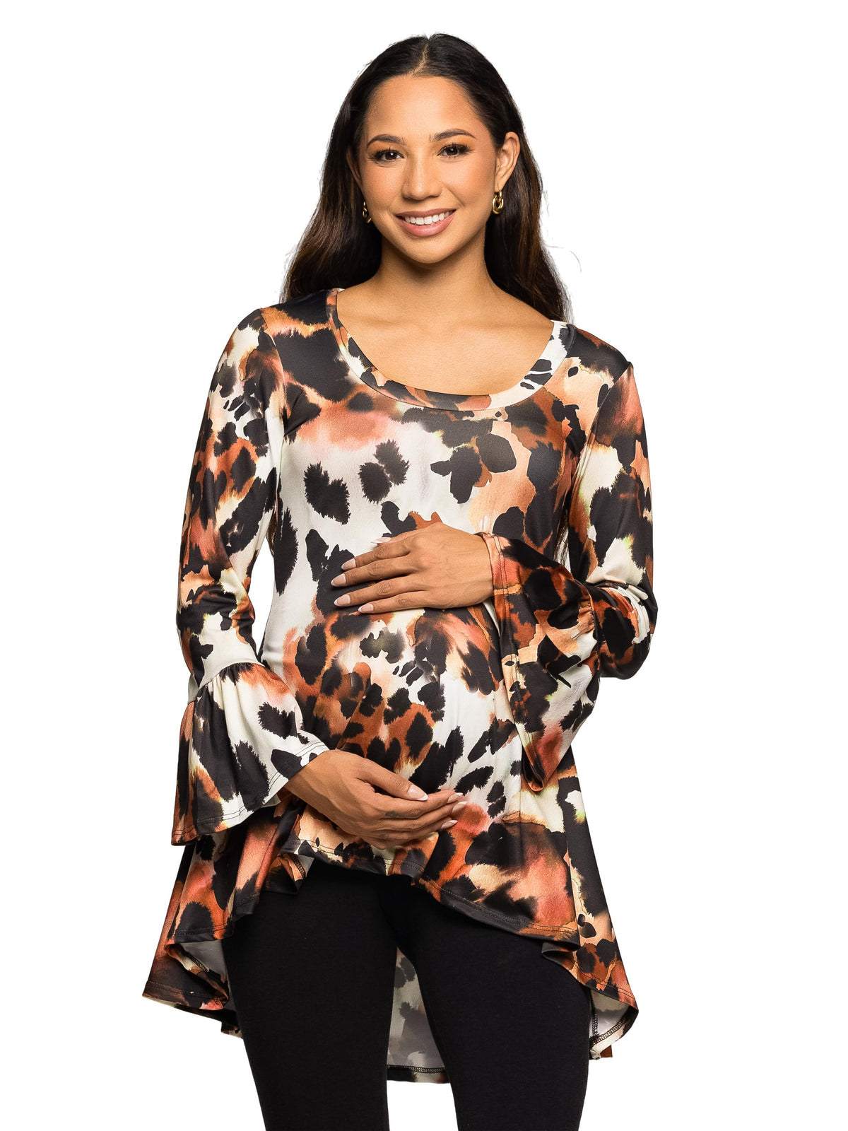 24seven Comfort Essential Maternity Animal Print Scoop Neck Bell Sleeve Flared High Low Tunic Top