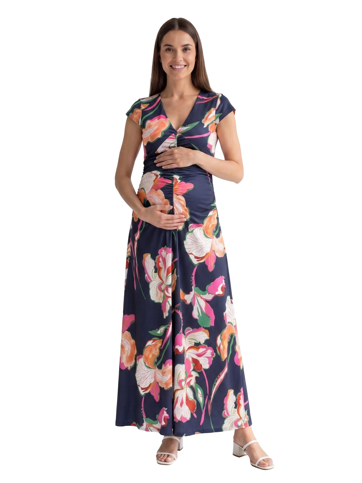 24seven Comfort Elevate Maternity Floral V Neck Cap Sleeve Ruched Front Maxi Dress