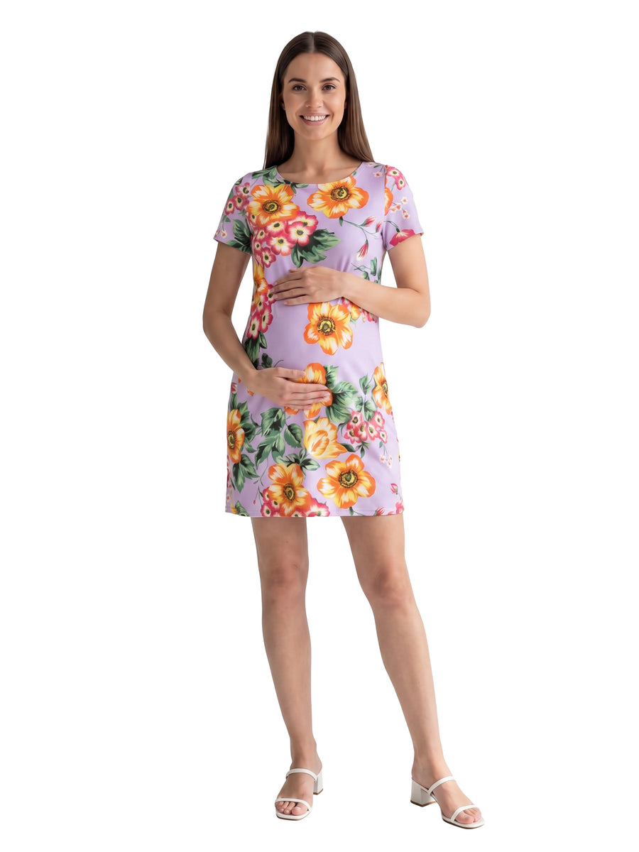 24seven Comfort Essential Maternity Floral Short Sleeve Round Neck Mini Shift Dress