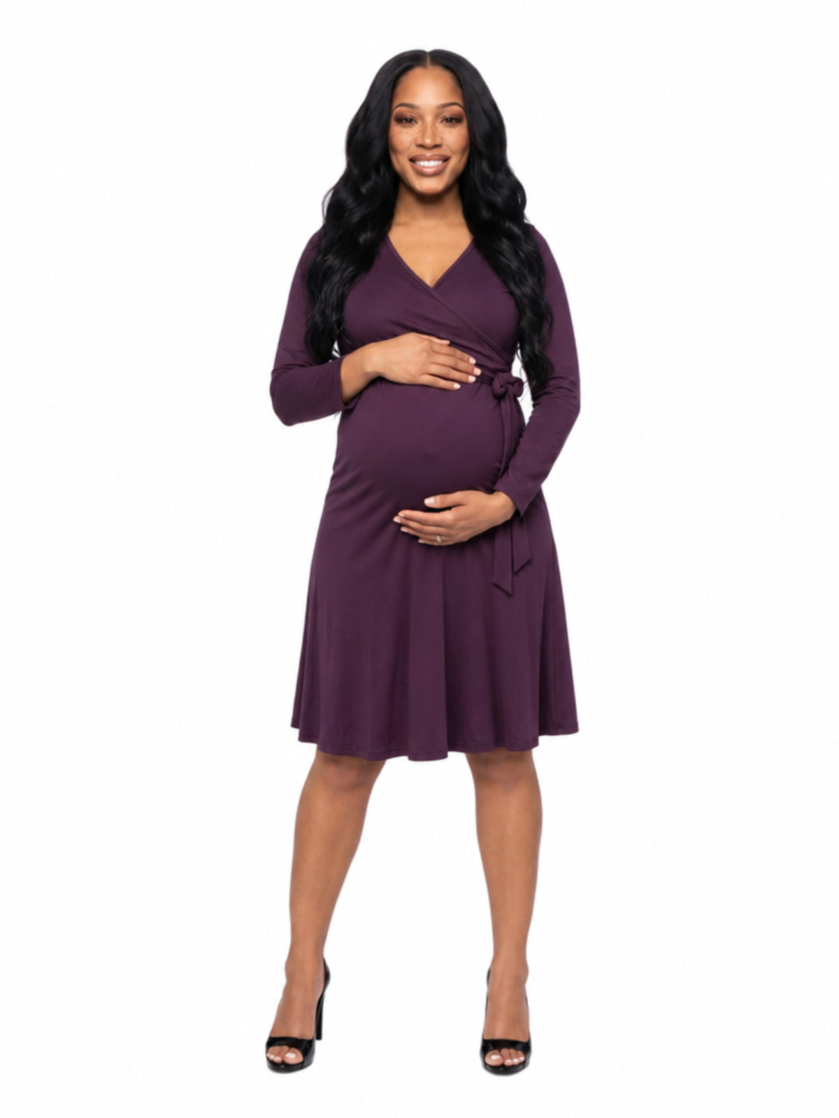 24seven Comfort Essential Maternity V Neck Long Sleeve Belted Faux Wrap Dress