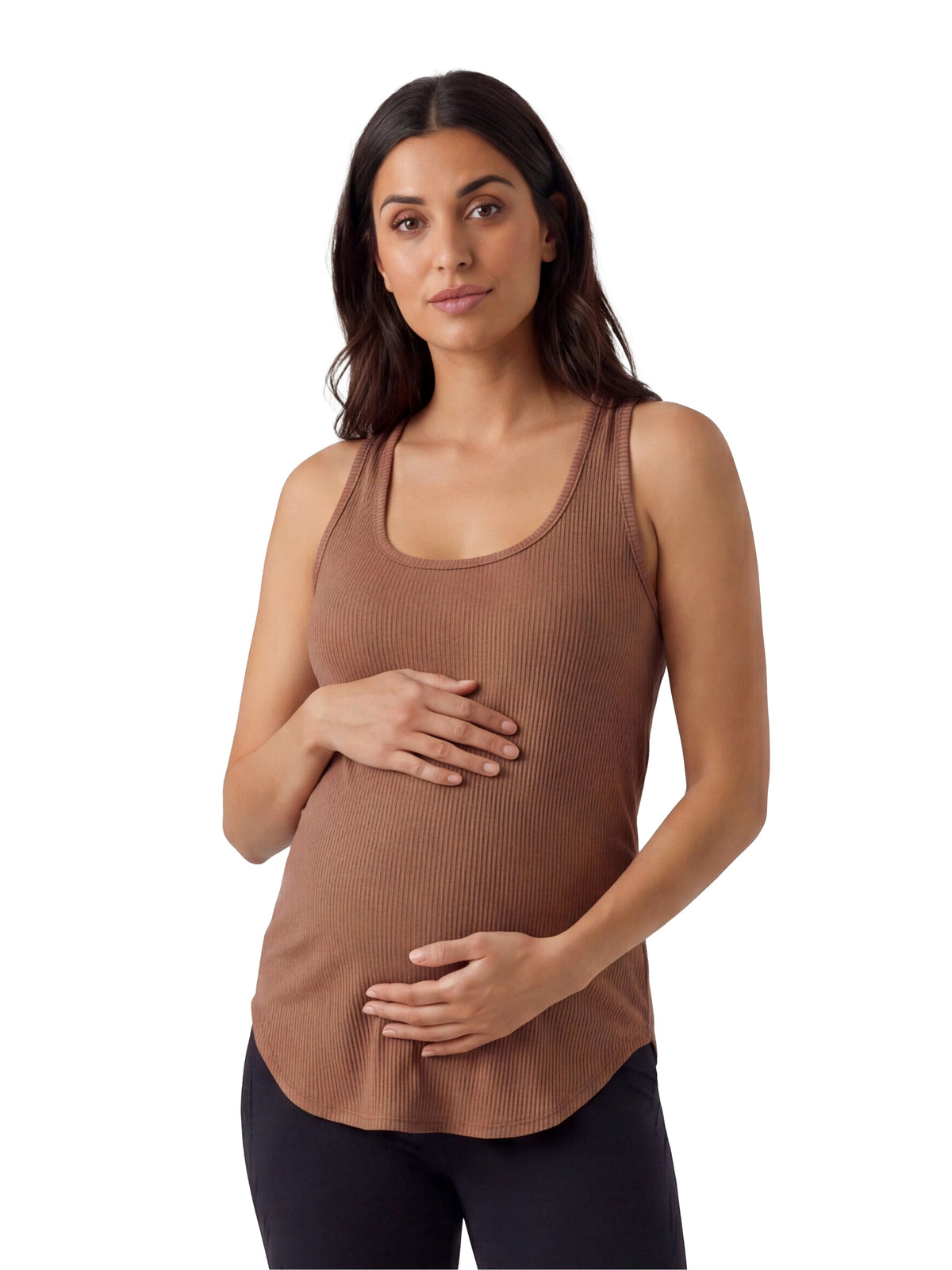 24seven Comfort Basic Maternity Ribbed Knit Sleeveless Scoop Neck Long Flared Tank Top