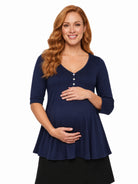 24seven Comfort Basic Maternity V Neck Elbow Sleeve Flared Henley Style Tunic Top
