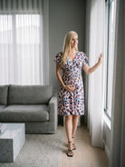 24seven Comfort Essential Maternity Abstract V Neck Cap Sleeve Knee Length A Line Pocket Dress