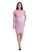 24seven Comfort Elevate Maternity Lace V Neck Flutter Sleeve Faux Wrap Midi Dress