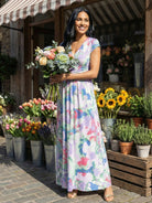 24seven Comfort Essential Maternity Abstract V Neck Cap Sleeve Side Slit Pocket A Line Maxi Dress