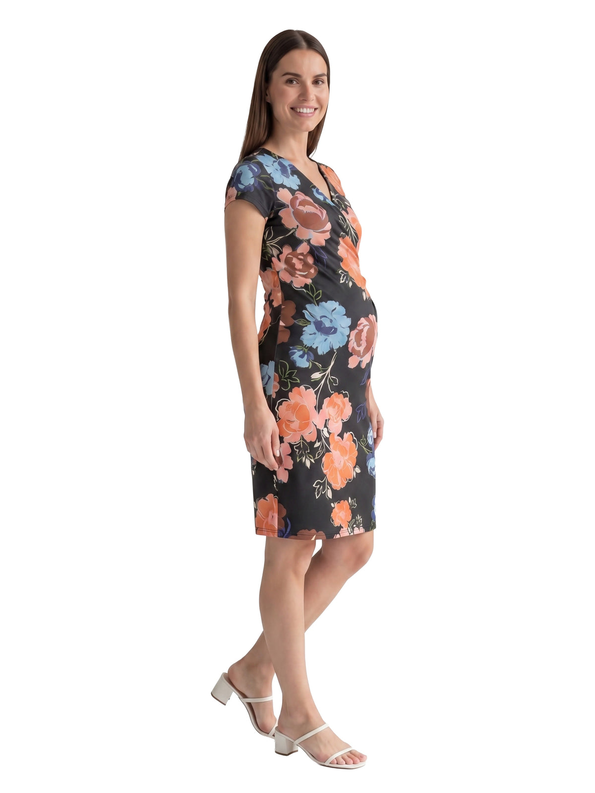 24seven Comfort Essential Maternity Floral V Neck Short Sleeve Knee Length Faux Wrap Dress