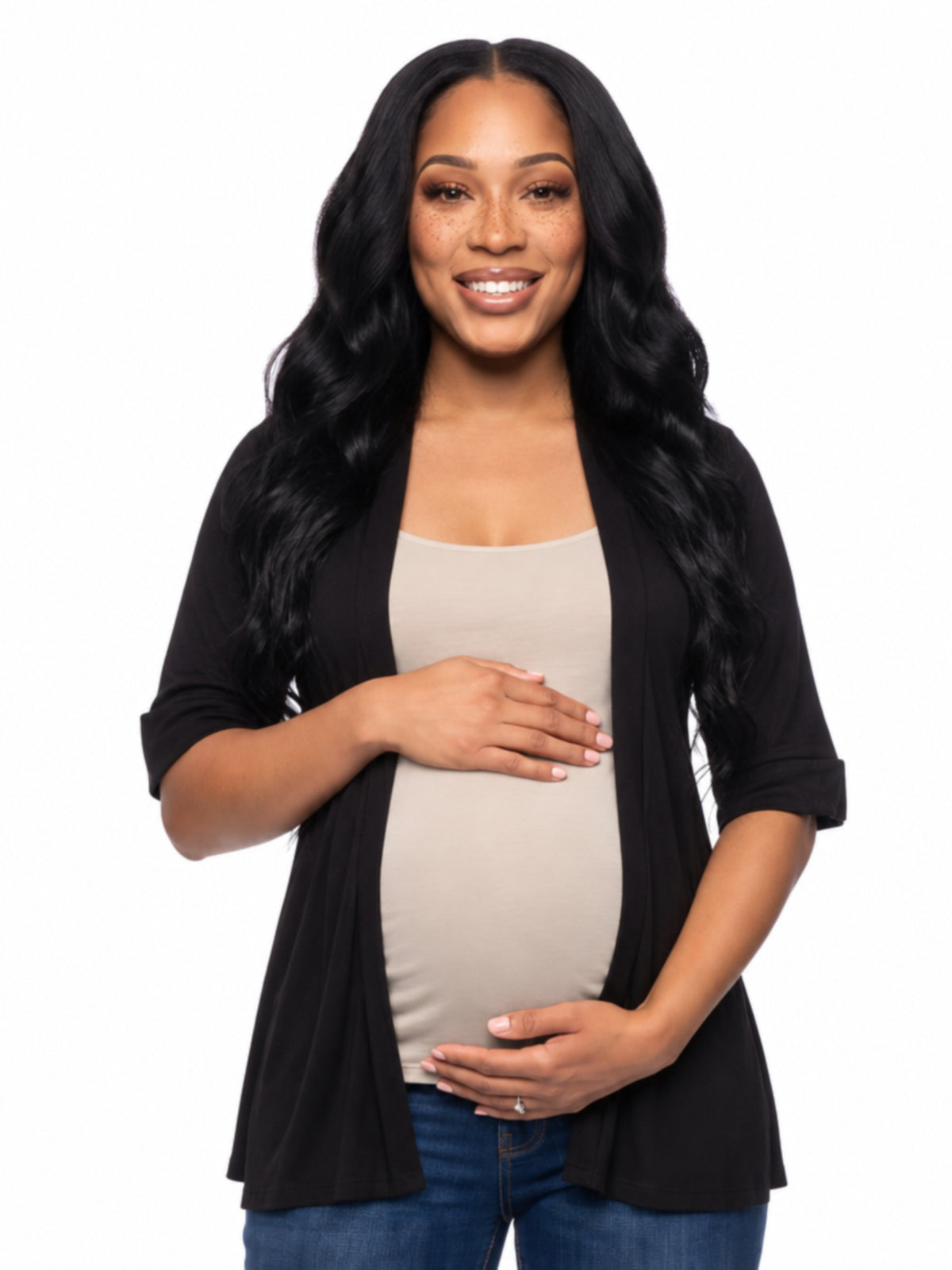 24seven Comfort Basic Maternity Open Front Elbow Sleeve Long Fit Jacket