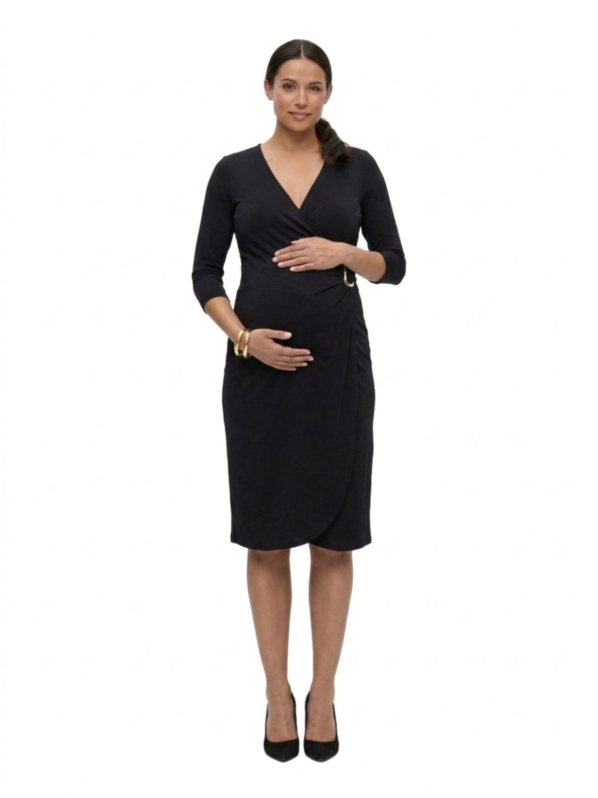 24seven Comfort Elevate Maternity V-Neck with Three-Quarter Sleeves and Knee Length Wrap Dress