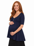 24seven Comfort Basic Maternity V Neck Elbow Sleeve Flared Henley Style Tunic Top