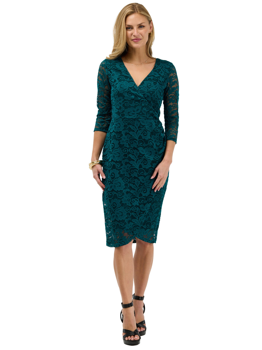 24seven Comfort Elevate Womens Lace Wrap Dress with Three-Quarter Sleeves